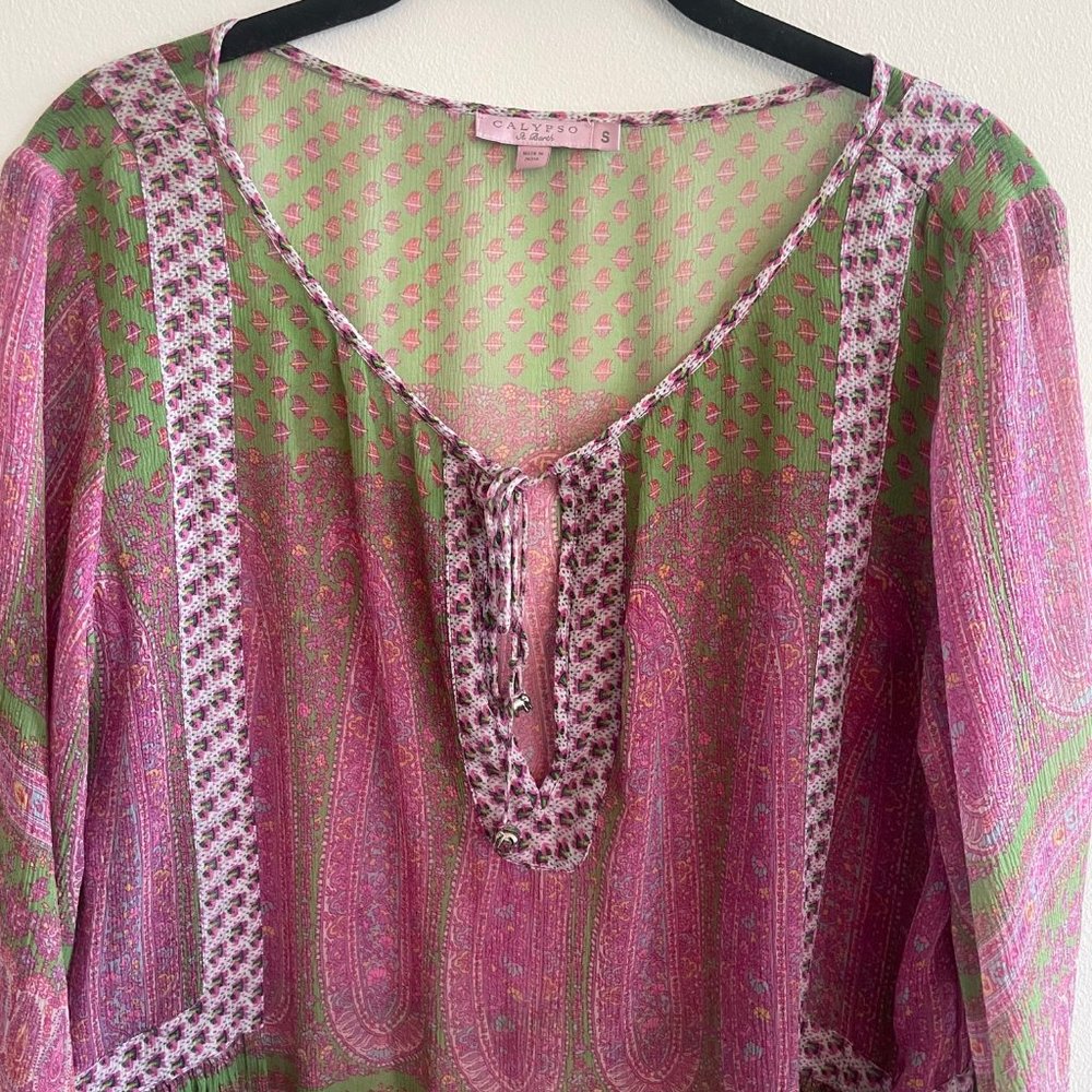 Calypso St. Barth 100% Silk Boho Tunic – Pink & Green – Size S - Picture 2 of 7